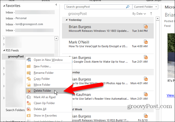 Eliminar una subcarpeta de fuentes RSS en Outlook