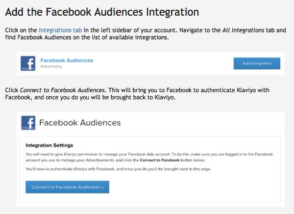 La integración de Audiencias de Facebook de Klaviyo es fácil de usar.