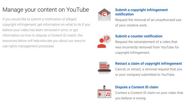YouTube tiene procedimientos de eliminación que puedes seguir si alguien infringe tus derechos de autor.