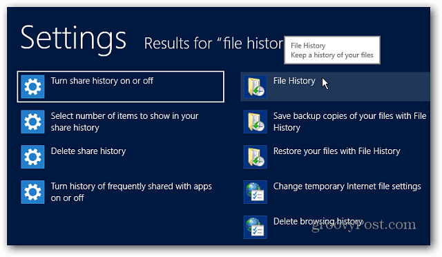 Configuración del historial de archivos Buscar Windows 8