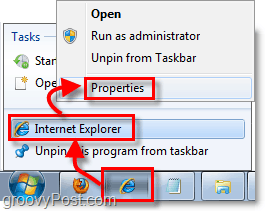 cómo llegar a las propiedades de acceso directo para shorctuts anclados de la barra de tareas en Windows 7