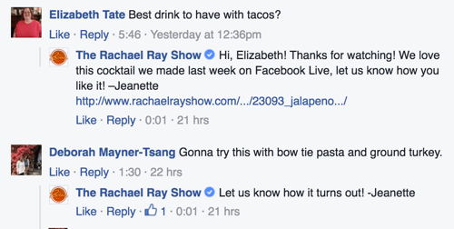 el ejemplo de respuestas de comentarios de facebook del show de rachel ray