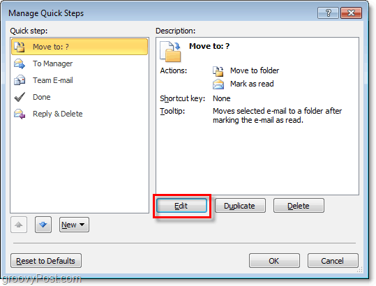 editar pasos rápidos en Outlook 2010