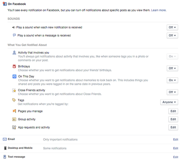 configurar los ajustes generales de notificación para los perfiles de Facebook