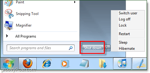 el botón de encendido del menú de inicio de Windows 7 con propiedades predeterminadas como apagado