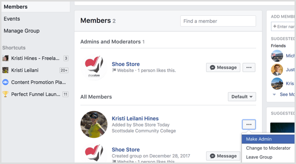 Facebook agrega perfil al grupo como administrador