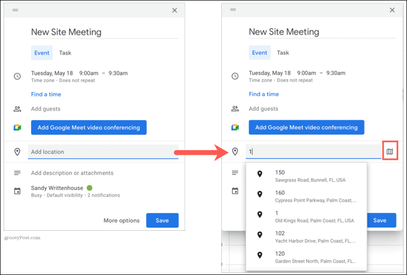 Icono de vista previa de mapas de ubicación en Google Calendar