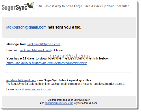 SugarSync comparte archivos por correo electrónico