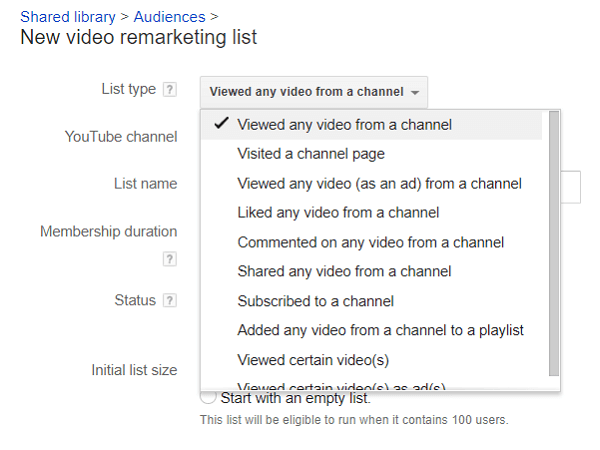 Puede dividir sus listas de espectadores de YouTube para el remarketing.
