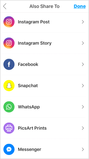 Las aplicaciones móviles como PicsArt te permiten compartir tu foto en Instagram, Facebook y otras plataformas.