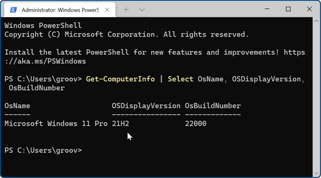 Comando de PowerShell Versión de Windows 11