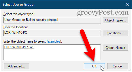 Cierre el cuadro de diálogo Seleccionar usuario o grupo en el registro de Windows