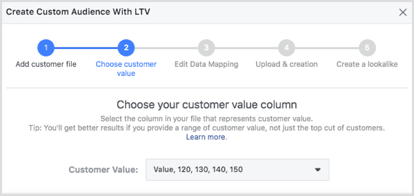 Elija la columna de valor de cliente en el cuadro de diálogo Crear audiencia de cliente con LTV.