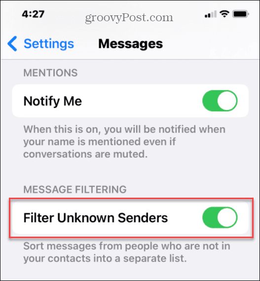 ocultar mensajes de spam de remitentes desconocidos en iPhone