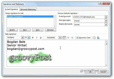Outlook 2013 utiliza el logotipo de firma Groovypost