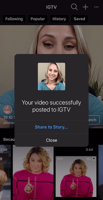 mensaje para compartir videos IGTV en Historias de Instagram