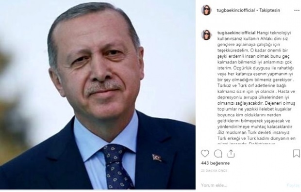 Tuğba Ekinci compartiendo del presidente Tayyip Erdoğan