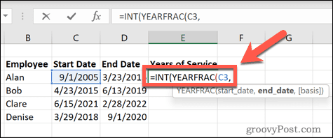 fecha de inicio de la fórmula de fracción de año de Excel