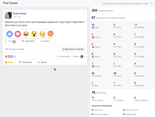 interacción de reacciones de facebook desde la publicación