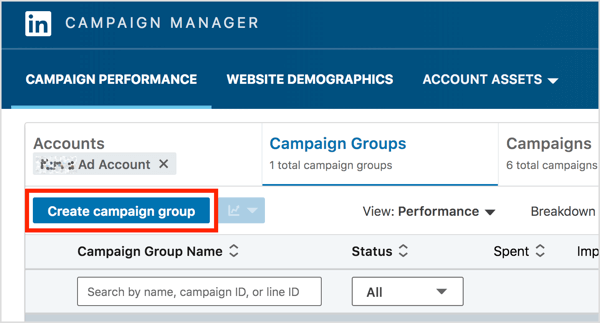 En la pestaña Grupos de campañas de LinkedIn Campaign Manager, haga clic en el botón Crear grupo de campañas.