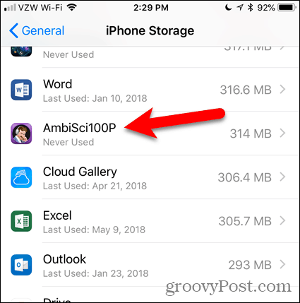 Toca la aplicación en iPhone Storage