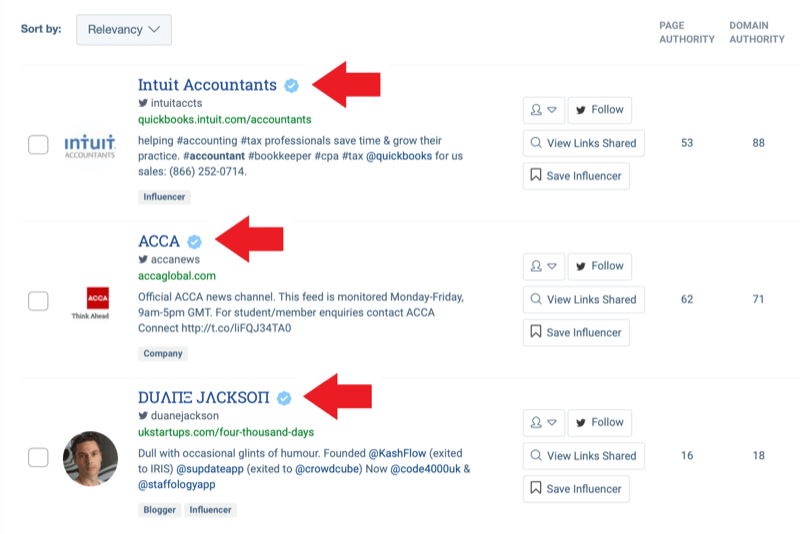 Estrategia de marketing en redes sociales; Captura de pantalla de los resultados de búsqueda de la herramienta de identificación de influencers de BuzzSumo después de ingresar la palabra clave "contabilidad".