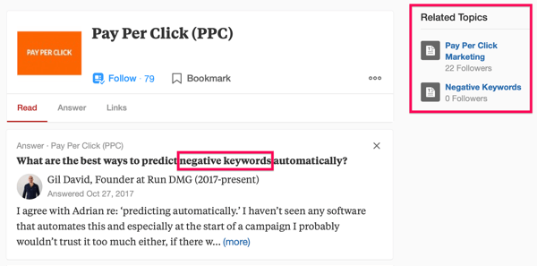 Ejemplo de resultado de búsqueda de Quora que incluye el término de búsqueda "PPC" y la frase "palabras clave negativas".