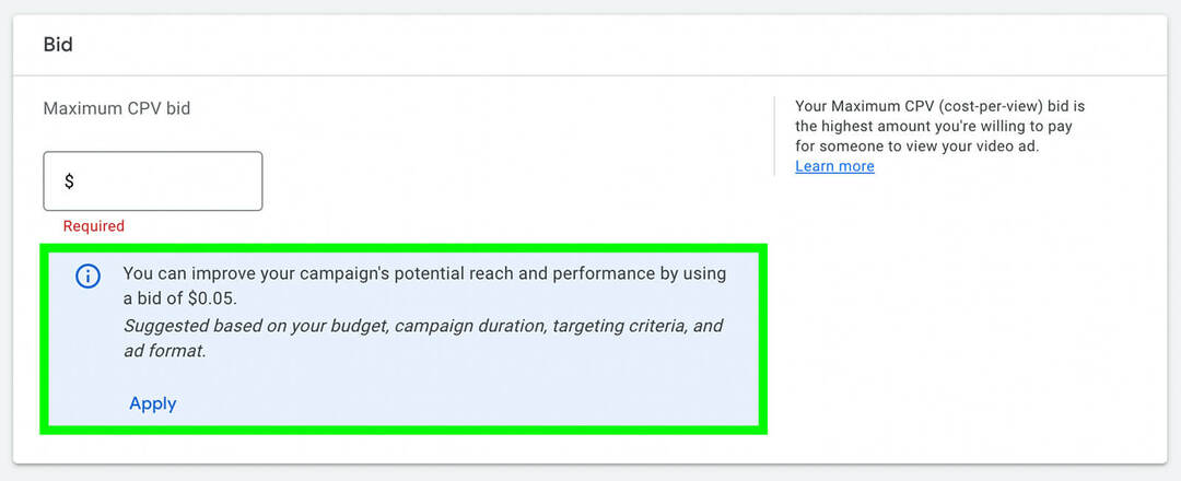 cómo-crear-un-anuncio-de-video-con-un-corto-existente-usando-youtube-shorts-ads-bid-strategy-set-maximum-cpv-cost-per-view-for-ad-use- google-ads-suggestions-initial-bid-example-7