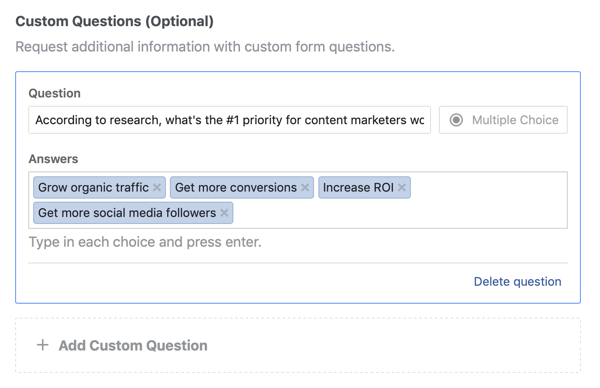 Ejemplo de opciones de preguntas y respuestas para una pregunta para una campaña publicitaria de clientes potenciales de Facebook.