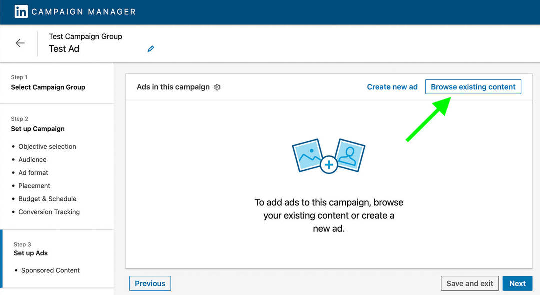 campañas-publicitarias-cómo-usar-social-proof-in-linkedin-ads-browse-existing-content-campaign-manager-example-12