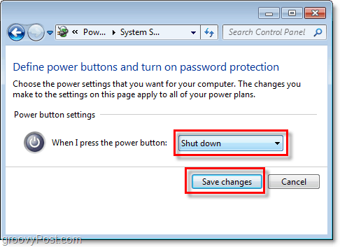 ajuste lo que hará el botón de apagado de Windows 7, haga clic en Guardar cambios para finalizar