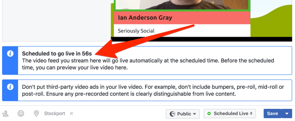 Facebook muestra un reloj de cuenta regresiva antes de que comience su transmisión en vivo.
