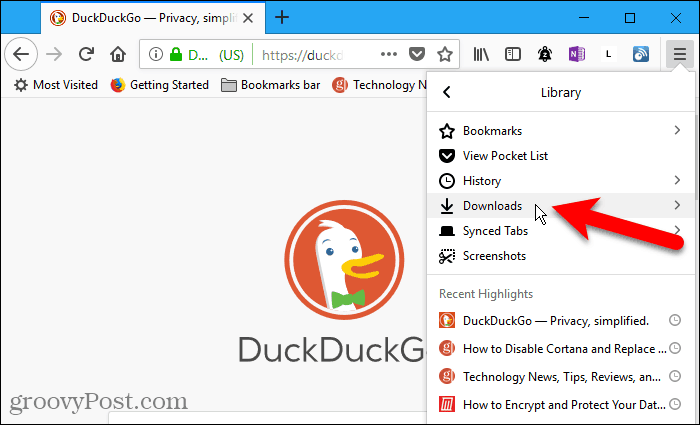 Seleccione Descargas en el menú Biblioteca en Firefox