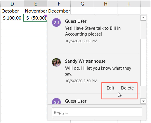Editar o eliminar una respuesta de comentario en Excel