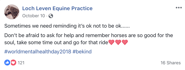 Ejemplo de publicación de Facebook con emoji de Lock Leven Equine Practice.