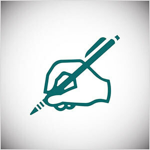Esta es una ilustración de línea verde azulado de una escritura a mano con un lápiz. Seth Godin practica la escritura diaria en su blog.