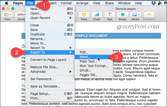 Archivo> Exportar a> Word en páginas en Mac