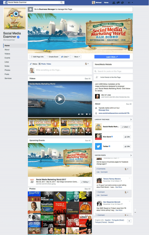 Social Media Examiner destacó el lanzamiento de un nuevo diseño de página de Facebook para usuarios de escritorio.