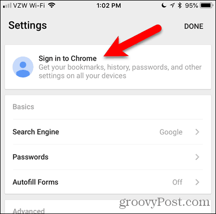 Toque Iniciar sesión en Chrome en iOS