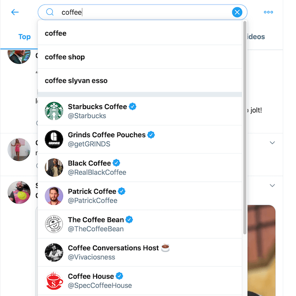muestra de resultados de búsqueda de buscar café en el cuadro de búsqueda de Twitter