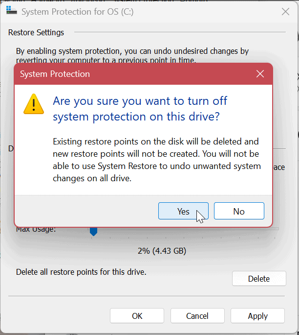Protección del sistema para unidades en Windows 11