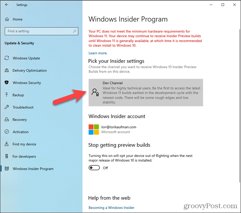 Canal de desarrollo establecido en la configuración del programa Windows Insider