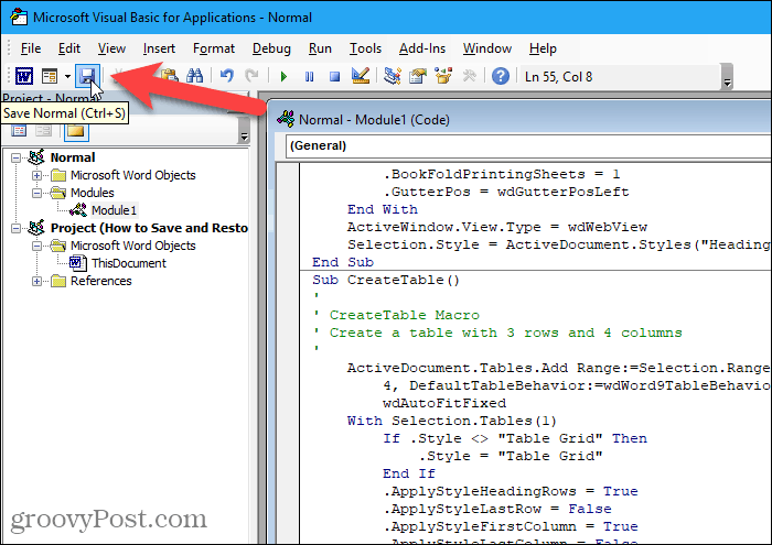 Haga clic en Guardar en el editor VBA en Word para guardar macros