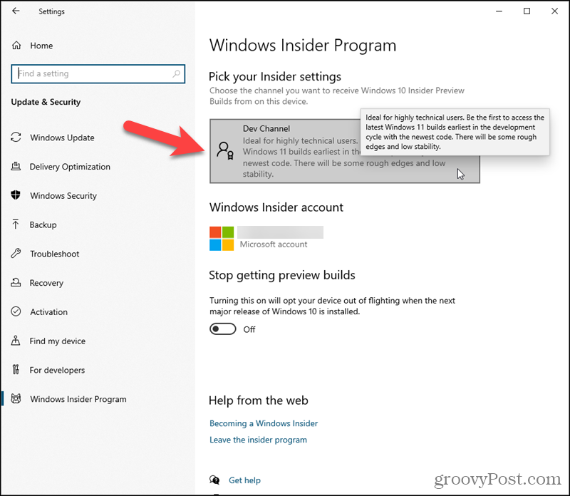 Haga clic en Dev Channel en Elija su configuración de Insider en Windows 10