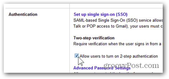 la casilla de verificación permite a los usuarios activar la autenticación en dos pasos