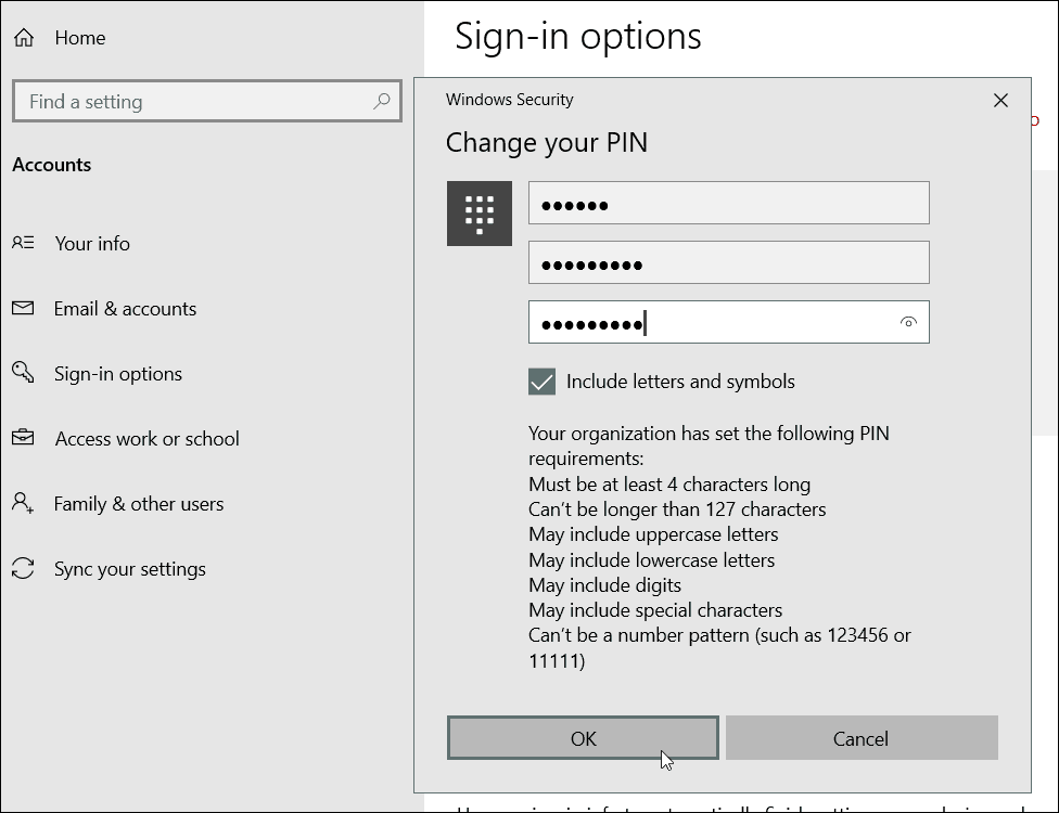 Carácter especial PIN Requisitos Windows 10