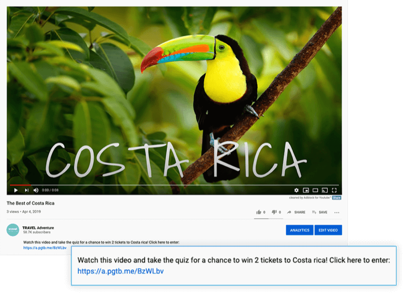 destacó la descripción del video de youtube con una oferta para ver el video y realizar el cuestionario para tener la oportunidad de ganar 2 boletos a costa rica