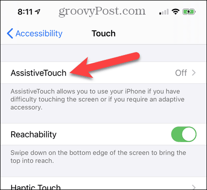 Toque AssistiveTouch en Configuración de accesibilidad de iPhone