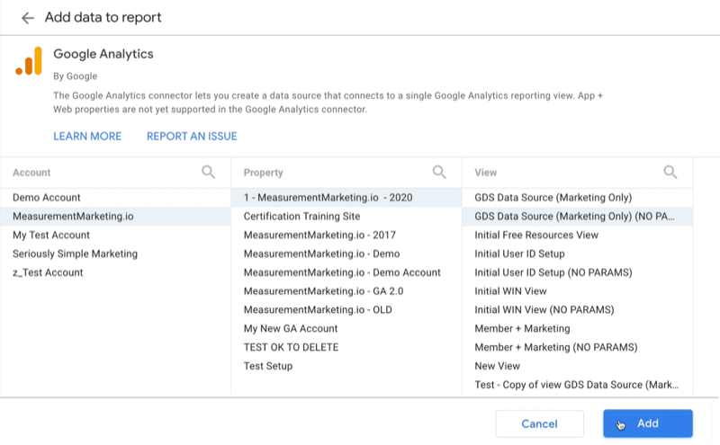 ejemplo crear informe en blanco de Google Data Studio agregar datos al informe Opción de menú del conector de Google Analytics para seleccionar de qué cuenta de Google desea recibir datos