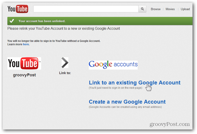 Vincular una cuenta de YouTube a una nueva cuenta de Google: haga clic en Vincular a una cuenta existente